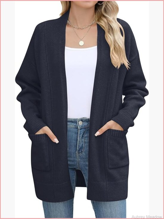 Sweaters - Long Sleeve Open Front Knit Cardigan Sweater with Pockets Casual